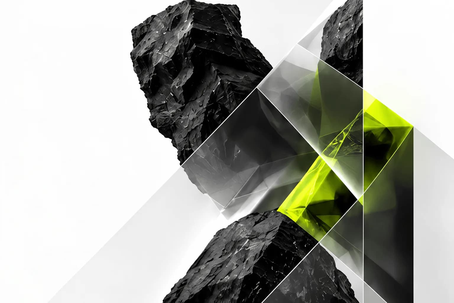Sculptural black rock formation split by a lime-green faceted crystal